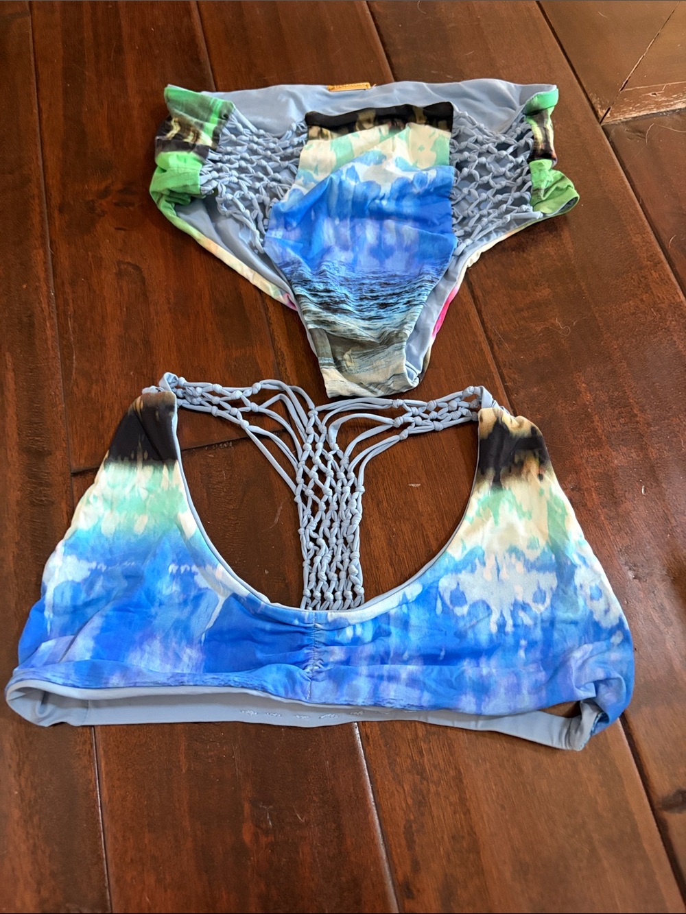 San Lorenzo Blue Tie-Dye Macramé Back Bikini Set with Green Accents.